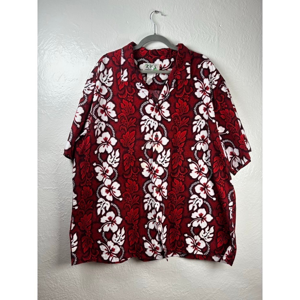 KY'S Hawaiian Shirt Mens 4XL Red White Hibiscus Resort Luau Tropical Vacation